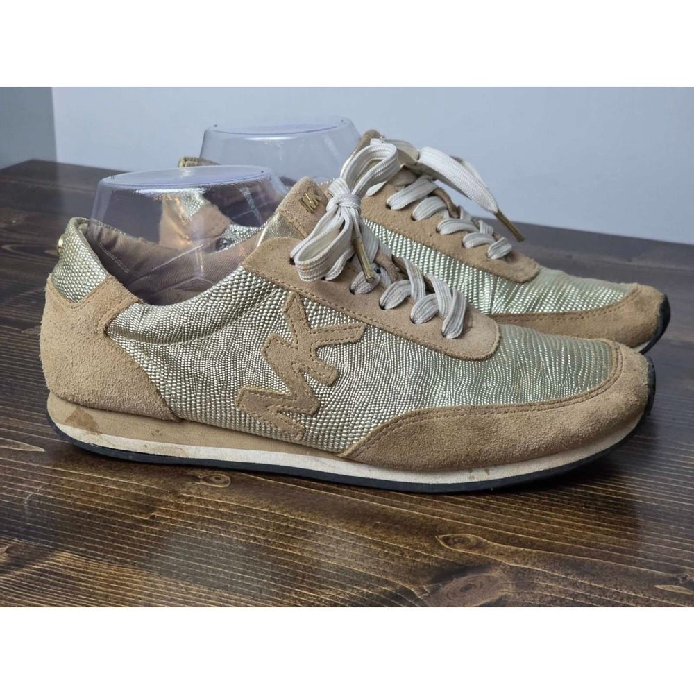 Michael Kors Stanton Womens Sneakers Size 7.5 Tan Brown Gold Leather Suede Shoes